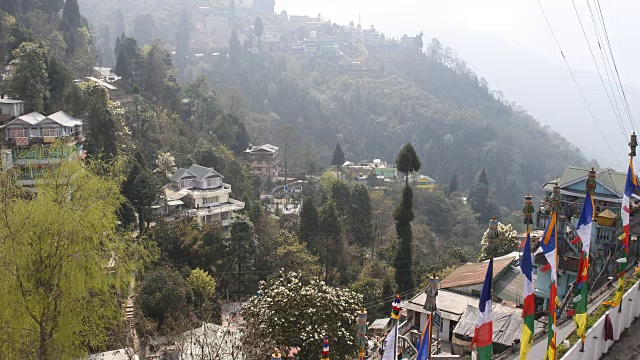 大吉岭山上一座佛教寺院的彩旗视频素材