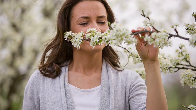 年轻女子与樱桃花视频素材