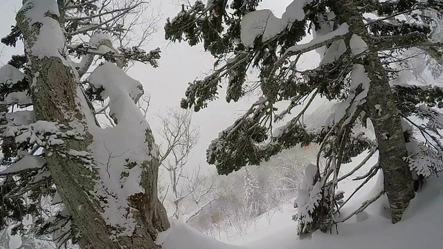 一名年轻男子滑雪在白雪覆盖的山上。——慢动作视频素材