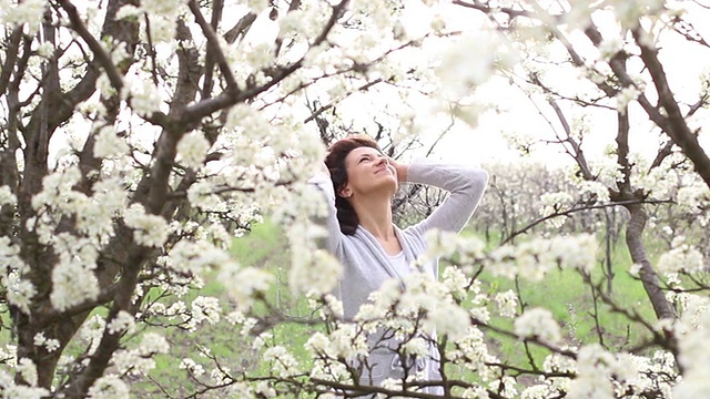 年轻女子与樱桃花视频素材