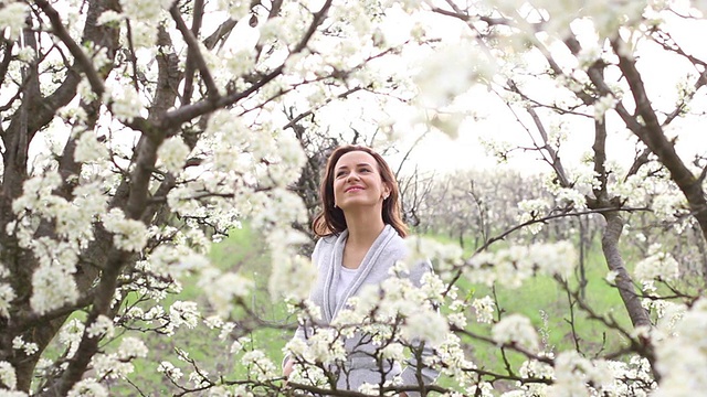 年轻女子与樱桃花视频素材