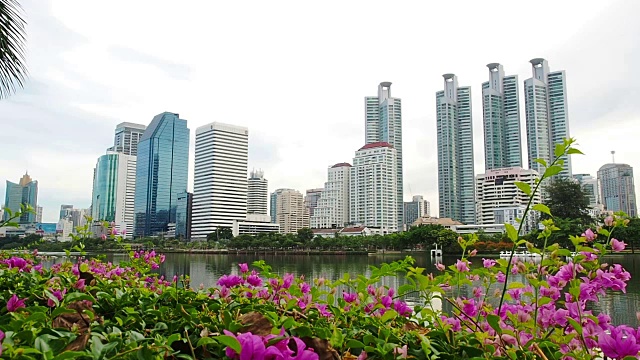 Benjakitti花园现代建筑的城市景观视频素材