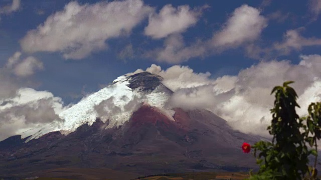 厄瓜多尔科托帕希火山于2015年9月10日喷发。前景中有西番莲藤(Taxo)。视频素材