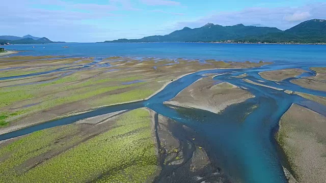 宽阔的天空沿着海岸线顺流而下，远处有一只棕熊视频素材