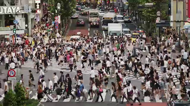 时间流逝，周日下午，人们聚集在著名的涉谷十字路口视频素材