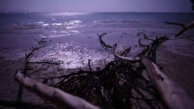 退潮时的夜晚海滩。视频素材