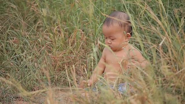 亚洲小男孩坐在绿色草地上视频素材