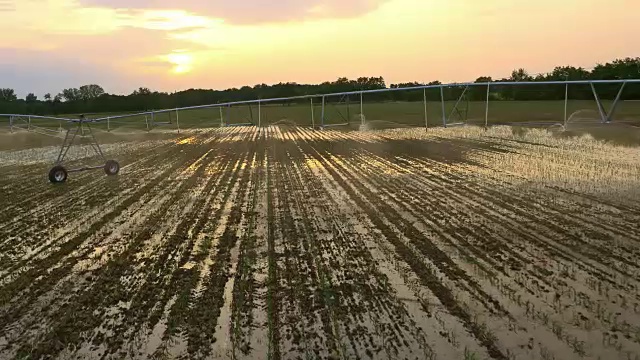 空中农业喷灌机在日落时灌溉田地视频素材