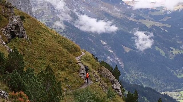 徒步旅行者沿着山间草地的小路攀登视频素材