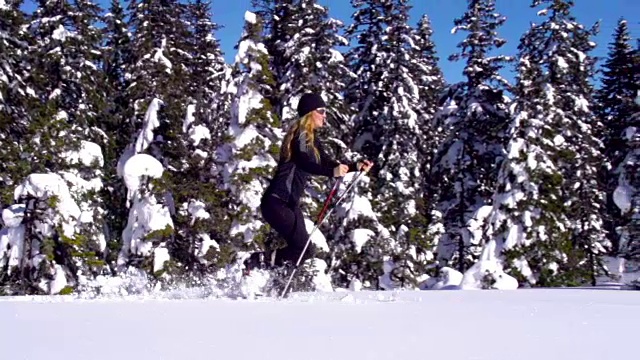 高清慢动作:拍摄的年轻女子滑雪旅游视频下载