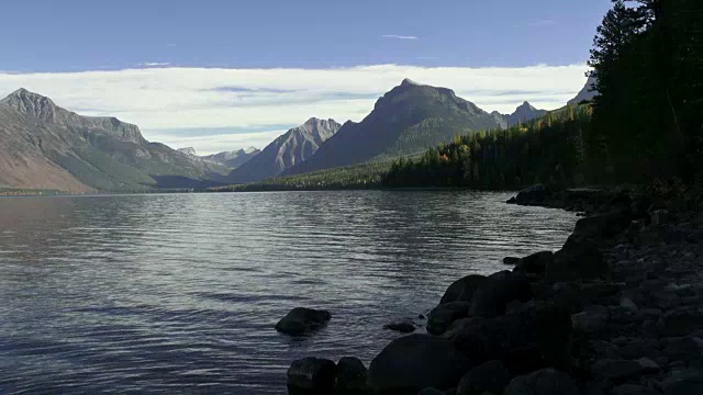 宽镜头的山湖与岩石的海岸线和锯齿状的山峰在背景。视频素材