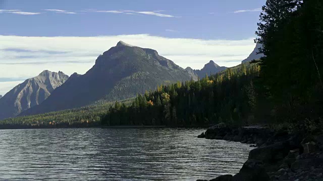 宽镜头的山湖与岩石的海岸线和锯齿状的山峰在背景。视频素材