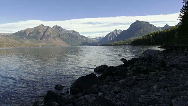 宽镜头的山湖与岩石的海岸线和锯齿状的山峰在背景。视频素材