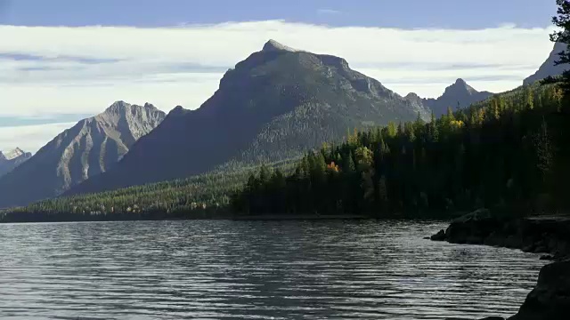 潘文石留下了广阔的山湖，背景是岩石海岸线和参差不齐的山峰。视频素材