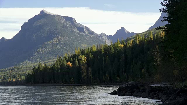 宽镜头的山湖与岩石的海岸线和锯齿状的山峰在背景。视频素材