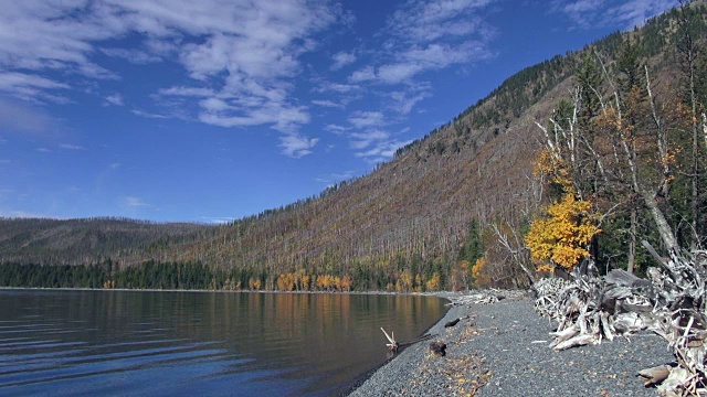 180度泛宽拍摄的山湖与黄色的秋天的树沿海岸线和山峰的背景。视频素材