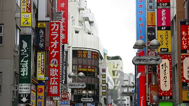 东京，日本人走在Shibuya车站附近的餐馆附近，在Shibuya十字路口有五颜六色的标志和拥挤的人群视频素材