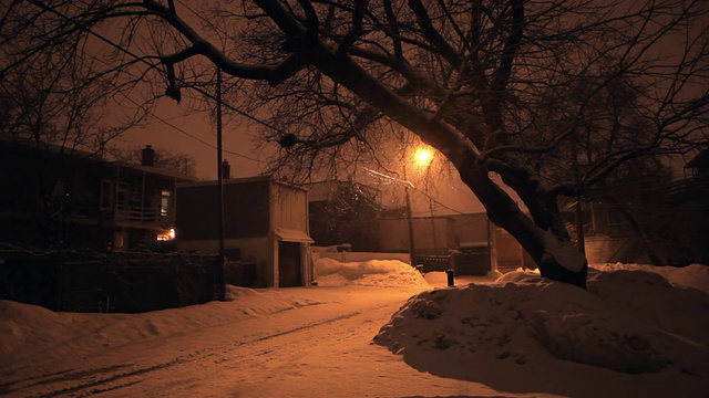 一盏路灯在黑暗中飘落着雪花视频素材