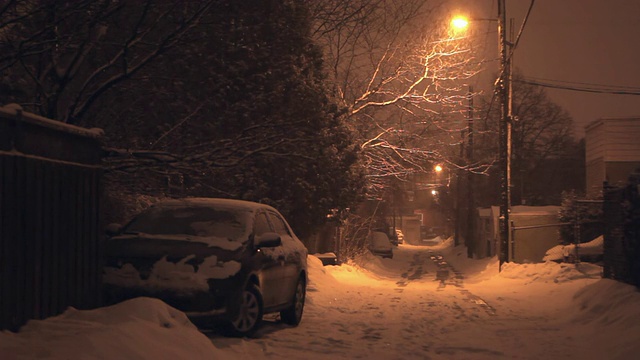 一盏路灯在黑暗中飘落着雪花视频素材