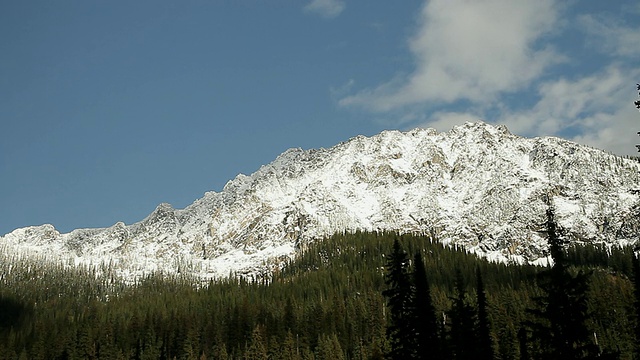 山上有很多树，可以看到雪山的山顶视频素材