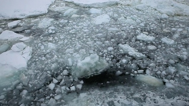 从移动的小船上看，一些充满冰和雪的深色水视频素材