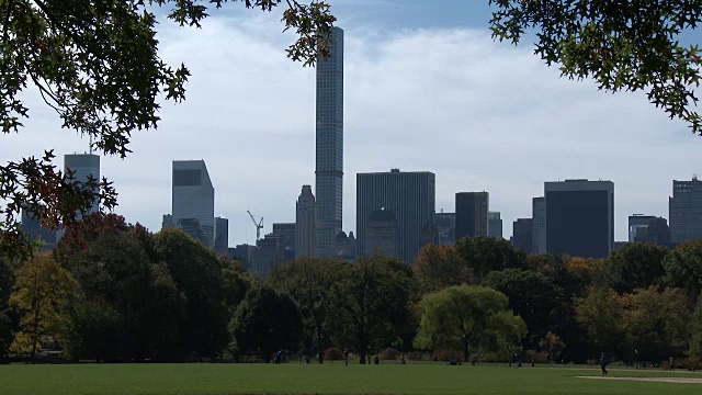 秋天的纽约中央公园-大草坪，纽约天际线，秋天的颜色视频素材