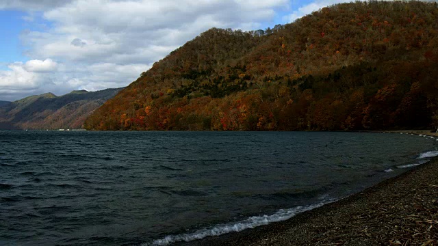 色津湖秋日落叶，morappu山湖岸视频素材