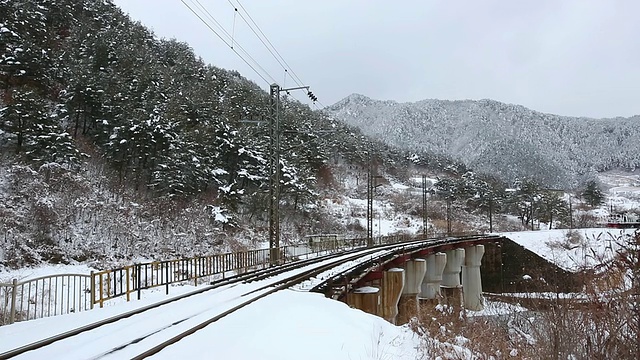 冬季景色和火车经过大桥/ je柔道，韩国视频素材