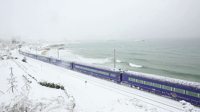 韩国江原道东海的冬季景色和火车驶过的风景视频素材