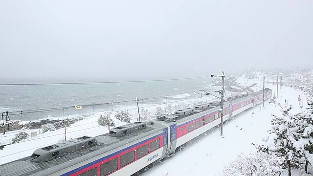 韩国江原道东海的冬季景色和火车驶过的风景视频素材