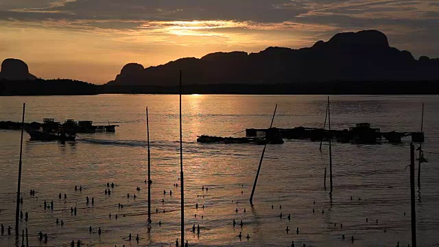 夕阳剪影长尾船视频素材