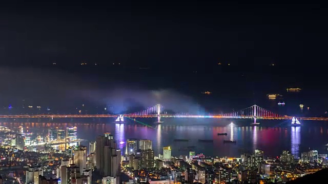 夜景中的光安达鬼约大桥和建筑结构视频素材