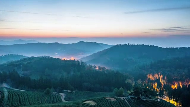 在Boseongchabat的绿茶田和山的日出景色视频素材