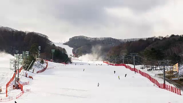 平昌郡滑雪胜地，人们在雪地上骑滑雪板和滑雪(2018年奥运会)视频素材