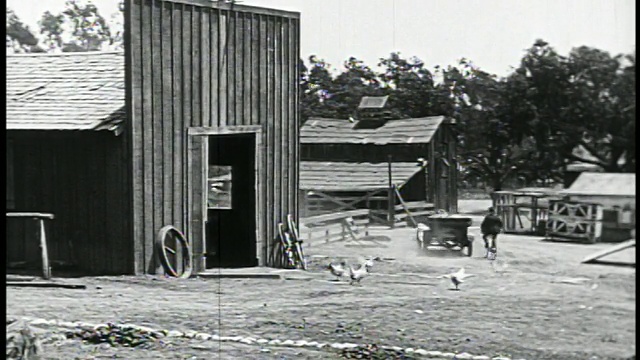 一辆1910年代/20年代的汽车从谷仓里摔了出来，旁边还有一个骑自行车的人视频素材