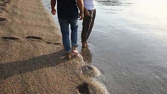 男男女女沿着海滩边走着，停下来向外张望视频素材