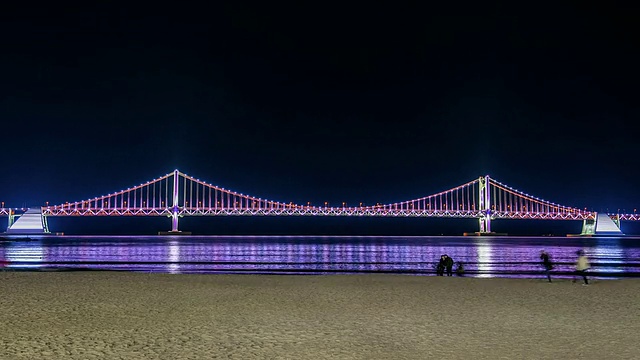 韩国釜山，海滩上华丽的gwangandaegyo大桥夜景视频素材