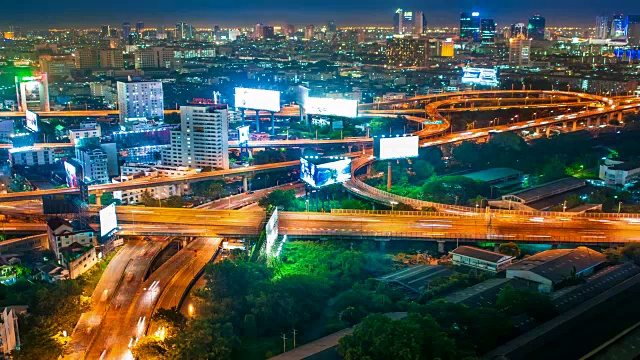 夜间城市景观全景。间隔拍摄视频素材