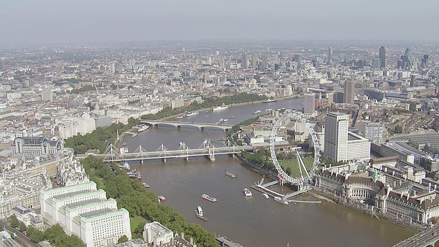 泰晤士河和伦敦眼鸟瞰图与城市景观/伦敦，英国视频素材