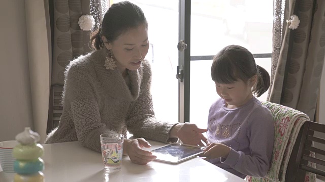 母亲和女儿在房间里使用数码平板电脑视频素材