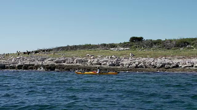 沿着岩石海岸划皮艇的人视频素材