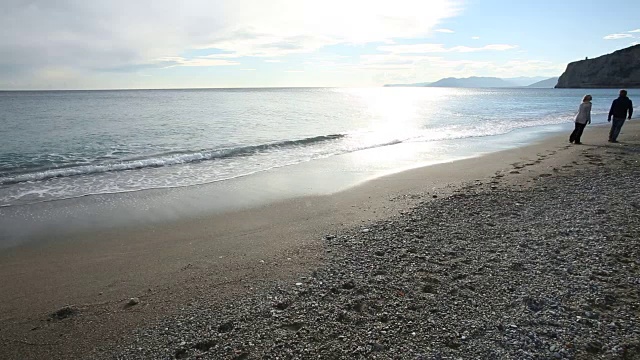 一对夫妇沿着海滩散步，靠近冲浪边缘视频素材