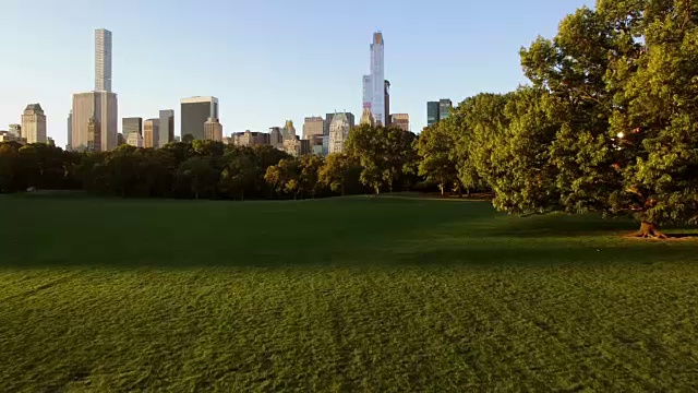 飞过中央公园，在日出的光线下观赏纽约市的天际线视频素材