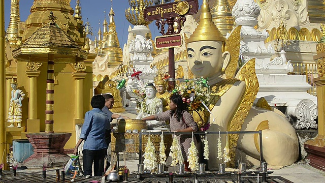 缅甸仰光大金寺，当地人向佛像泼水视频素材