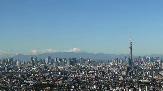 东京天空树与城市和富士山/东京，日本视频素材