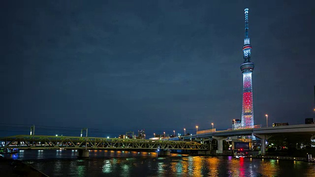 日本隅田河前的东京天空树的时间流逝视频素材