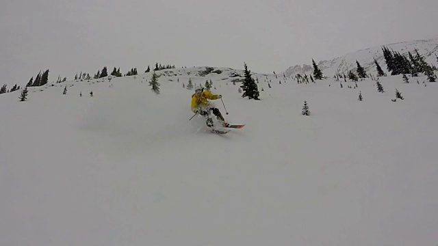 野地滑雪者下坡时喷雪视频素材