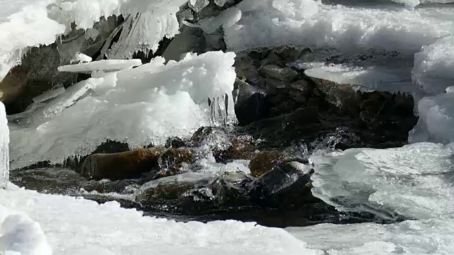 科罗拉多州南普拉特河急流中的冰柱和积雪融化视频素材