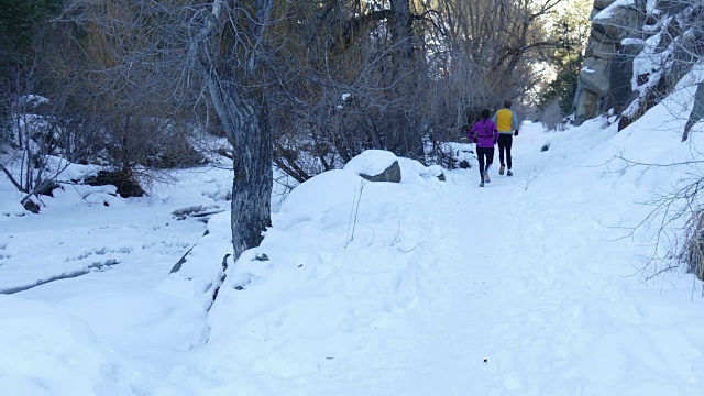 寒冷的户外雪道跑步夫妇科罗拉多落基山脉视频素材