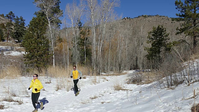 寒冷的户外雪道跑步夫妇科罗拉多落基山脉视频素材